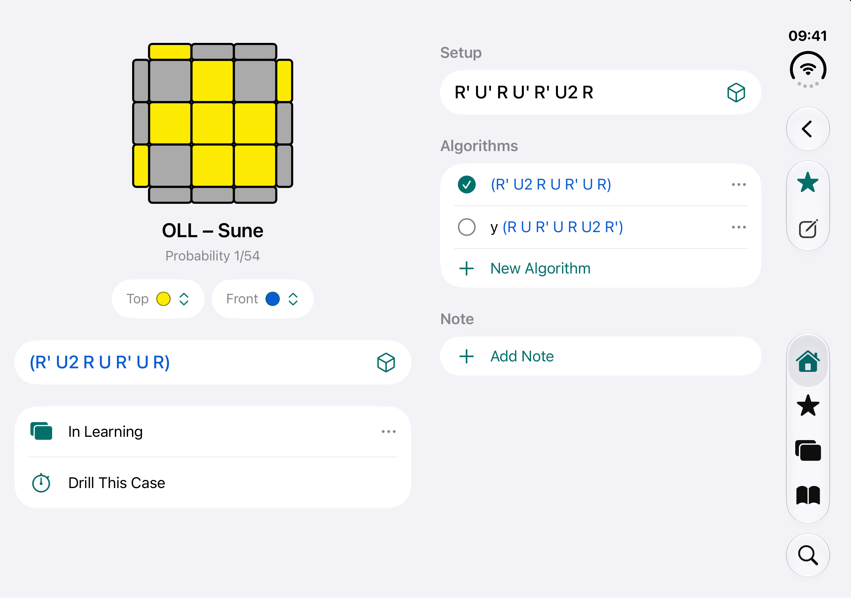 The OLL Sune case on the inner screen of iPhone Duo, in two columns. On the left, the case diagram, its probability of 1/54, Top set to yellow and Front to blue, the algorithm (R' U2 R U R' U R) with a 3D button beside it, an In Learning row and Drill This Case. On the right, the setup R' U' R U' R' U2 R, two algorithms with the first one ticked, a New Algorithm row and Add Note. The tab bar runs down the right edge of the screen.