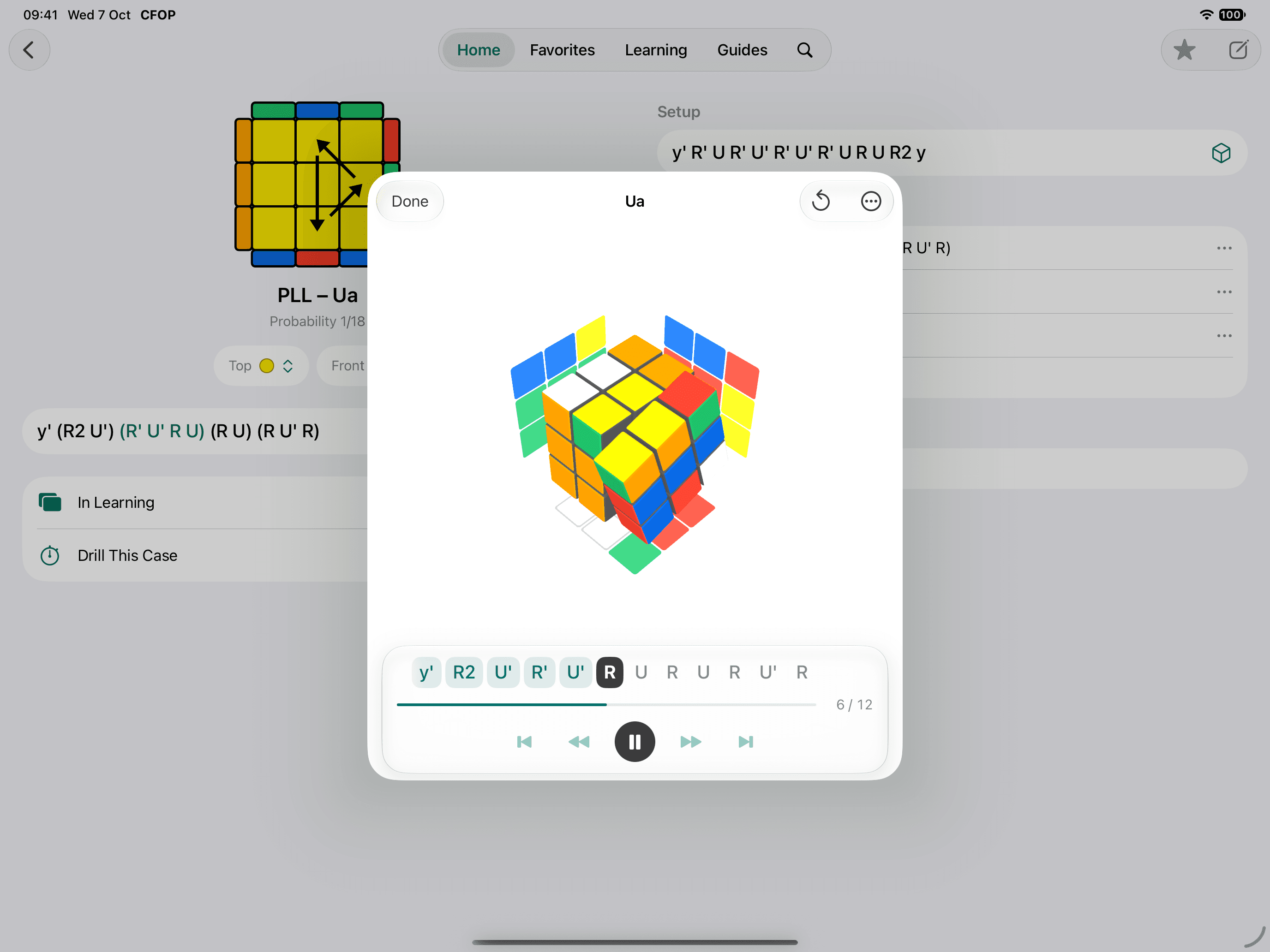 The PLL Ua case on iPad with the 3D viewer open over it: the cube part-way through a turn, the algorithm y' R2 U' R' U' R U R U R U' R as a row of moves at step 6 of 12, and playback controls underneath.