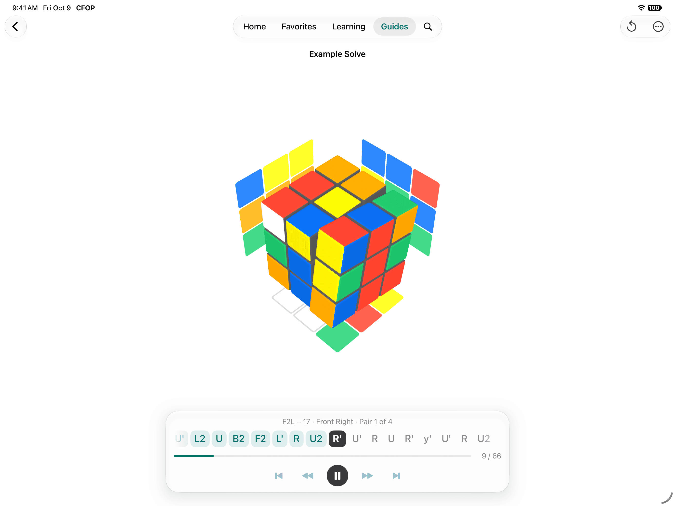 Example Solve on iPad: a cube part-way through a solve in the 3D viewer. A line above the row of moves names the step, F2L – 17 · Front Right · Pair 1 of 4. The moves played so far are tinted, the current one, R', is highlighted, and the counter reads 9 of 66.