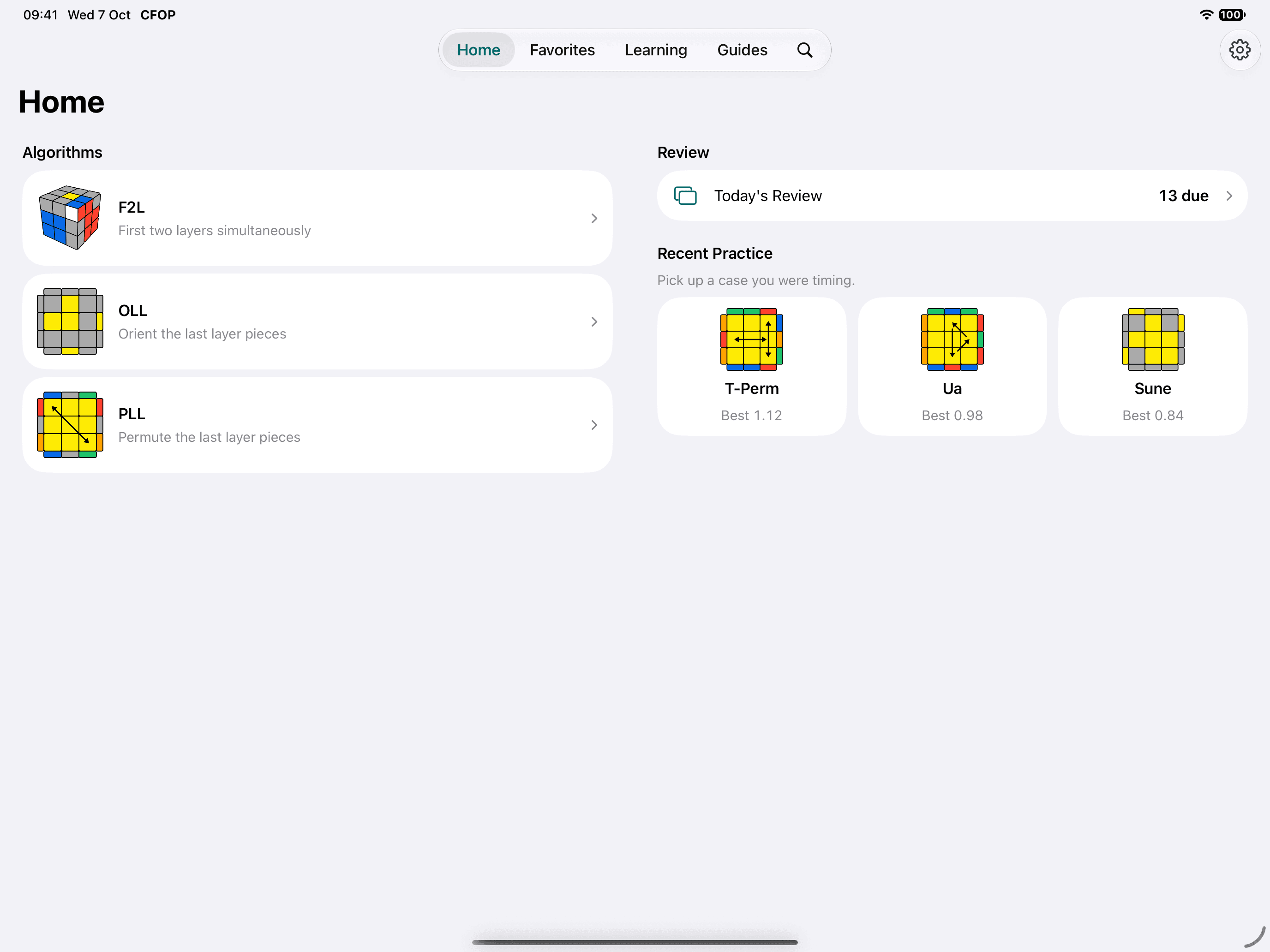 Home on iPad in two columns: Algorithms on the left with F2L, OLL and PLL, and on the right Today's Review with 13 due and Recent Practice with the T-Perm, Ua and Sune and the best time for each.