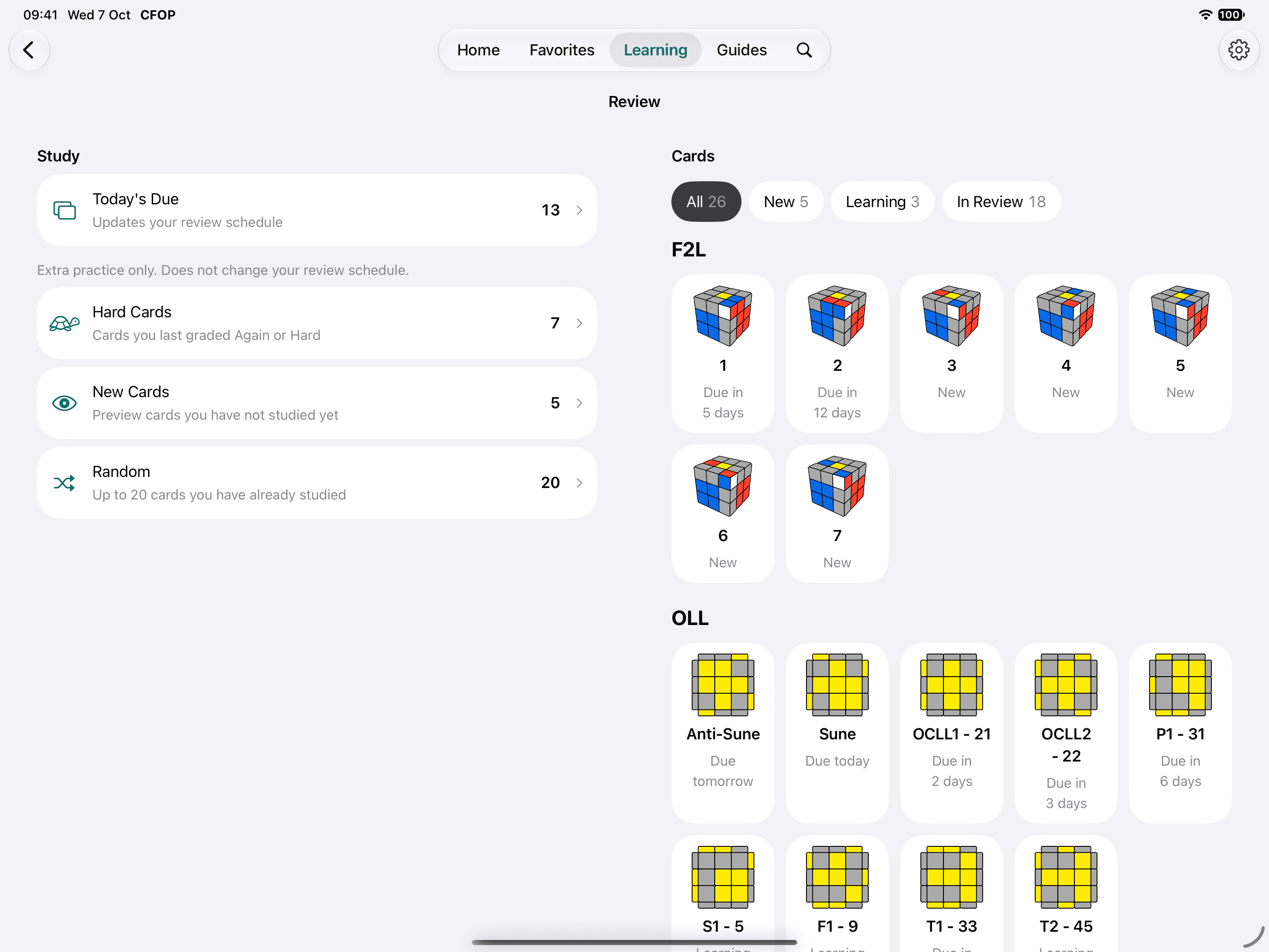 Review on iPad in two columns. Study on the left: Today's Due with 13 cards, then extra practice with 7 Hard Cards, 5 New Cards and a Random set of up to 20. Cards on the right: filters for All 26, New 5, Learning 3 and In Review 18 above a grid of F2L and OLL cases, each labelled New or with the day it is due.