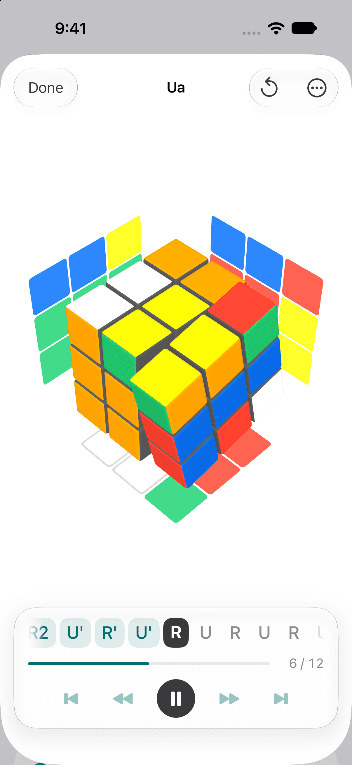 Cube CFOP on iPhone playing the Ua permutation on a 3D cube: the cube is part-way through a turn, with the faces turned away from the viewer shown beside it. Below, the algorithm is laid out as a row of moves with the played ones tinted and the current move, R, highlighted, a progress bar at 6 of 12, and controls to step, skip and pause.