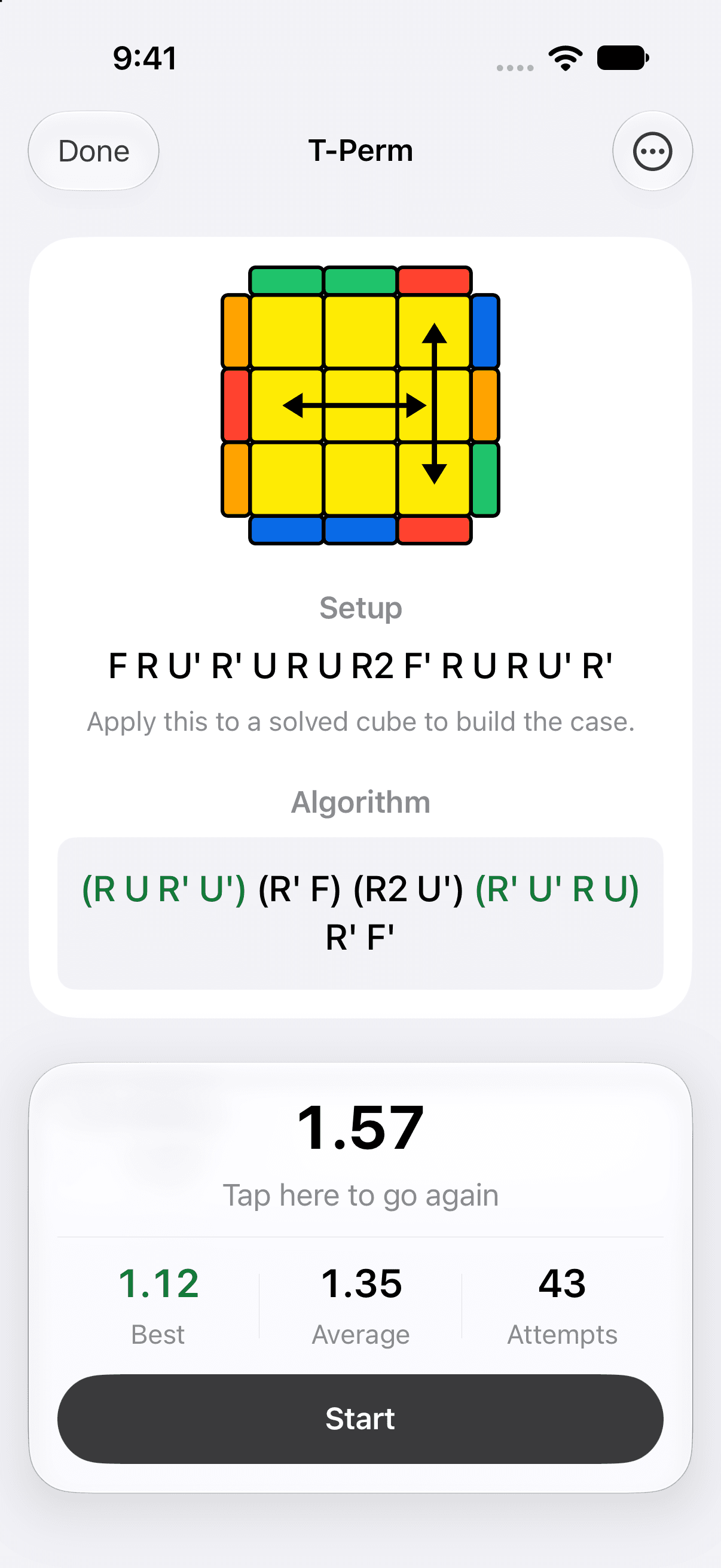 The Execution Drill for the T-Perm on iPhone: the case diagram, its setup F R U' R' U R U R2 F' R U R U' R', the algorithm (R U R' U') (R' F) (R2 U') (R' U' R U) R' F', and a timer pad reading 1.57 with Best 1.12, Average 1.35 and 43 Attempts above a Start button.