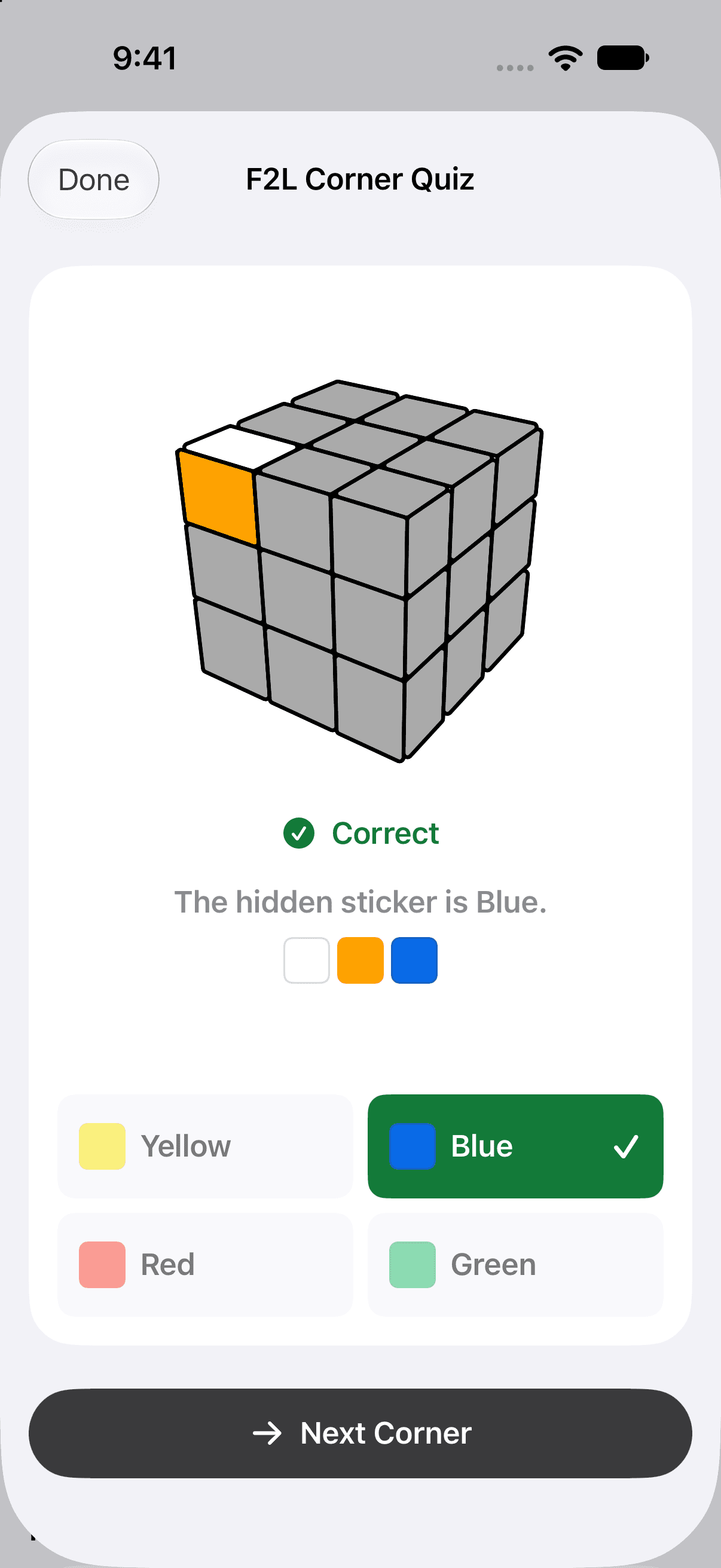 The F2L Corner Quiz on iPhone after a correct answer: a gray cube with one corner showing a white and an orange sticker, the word Correct, the line The hidden sticker is Blue above white, orange and blue swatches, and four options, Yellow, Blue, Red and Green, with Blue marked in green above a Next Corner button.