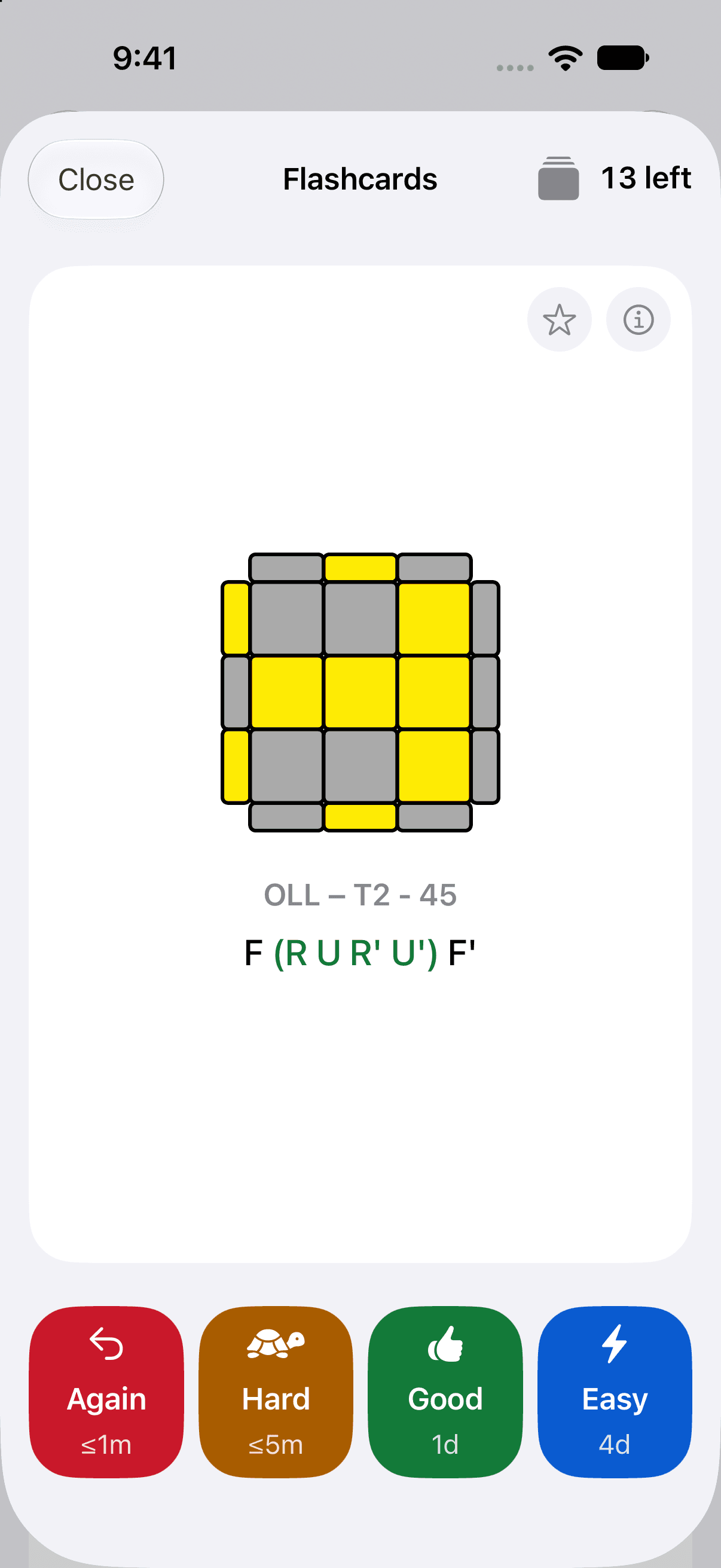 A flashcard on iPhone with its answer shown: an OLL diagram, the case name OLL – T2 - 45 and its algorithm, F (R U R' U') F'. Four grade buttons sit underneath: Again in red with ≤1m, Hard in amber with ≤5m, Good in green with 1d, and Easy in blue with 4d. 13 cards are left.
