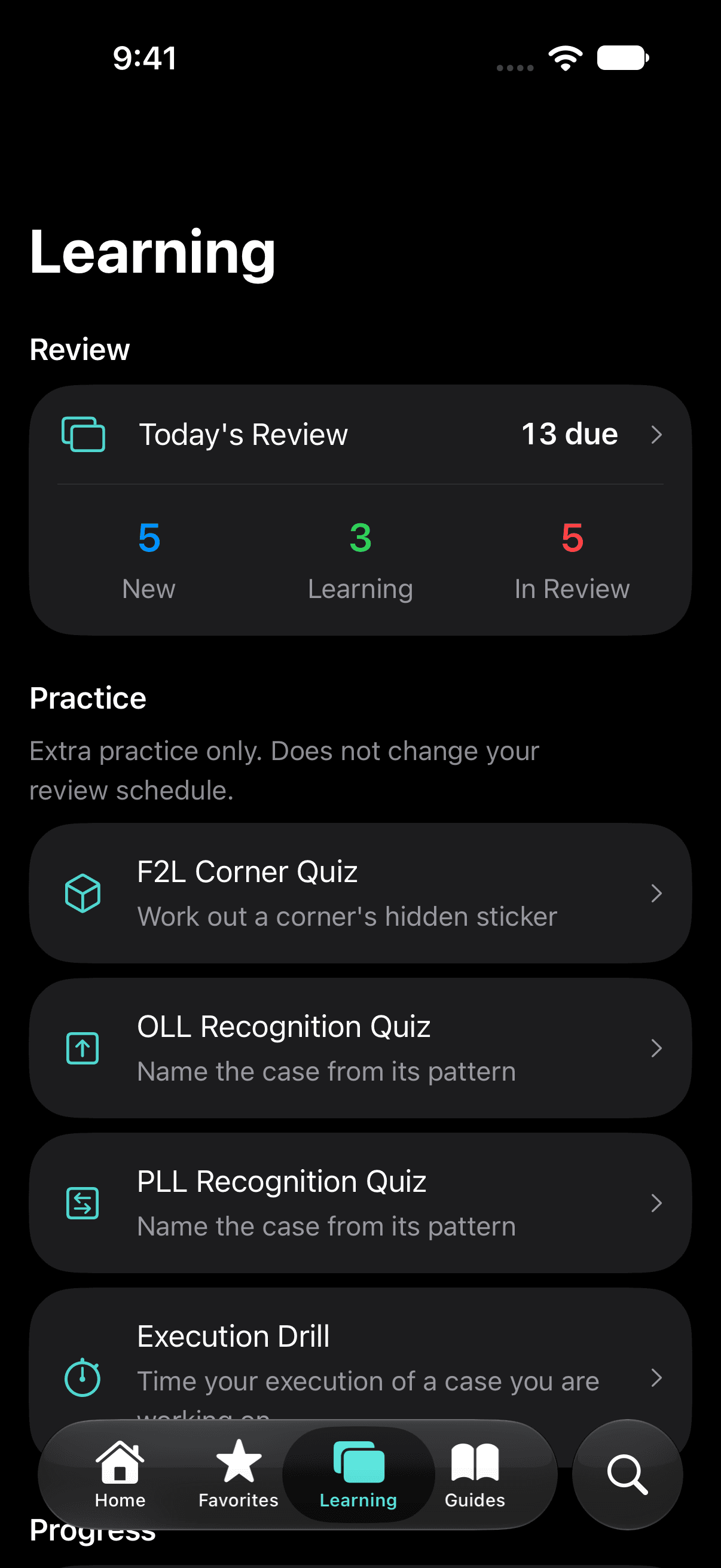 The Learning tab on iPhone in Dark appearance: Today's Review with 13 due, split into 5 New, 3 Learning and 5 In Review, and Practice with the F2L Corner Quiz, the OLL and PLL Recognition Quizzes and the Execution Drill.