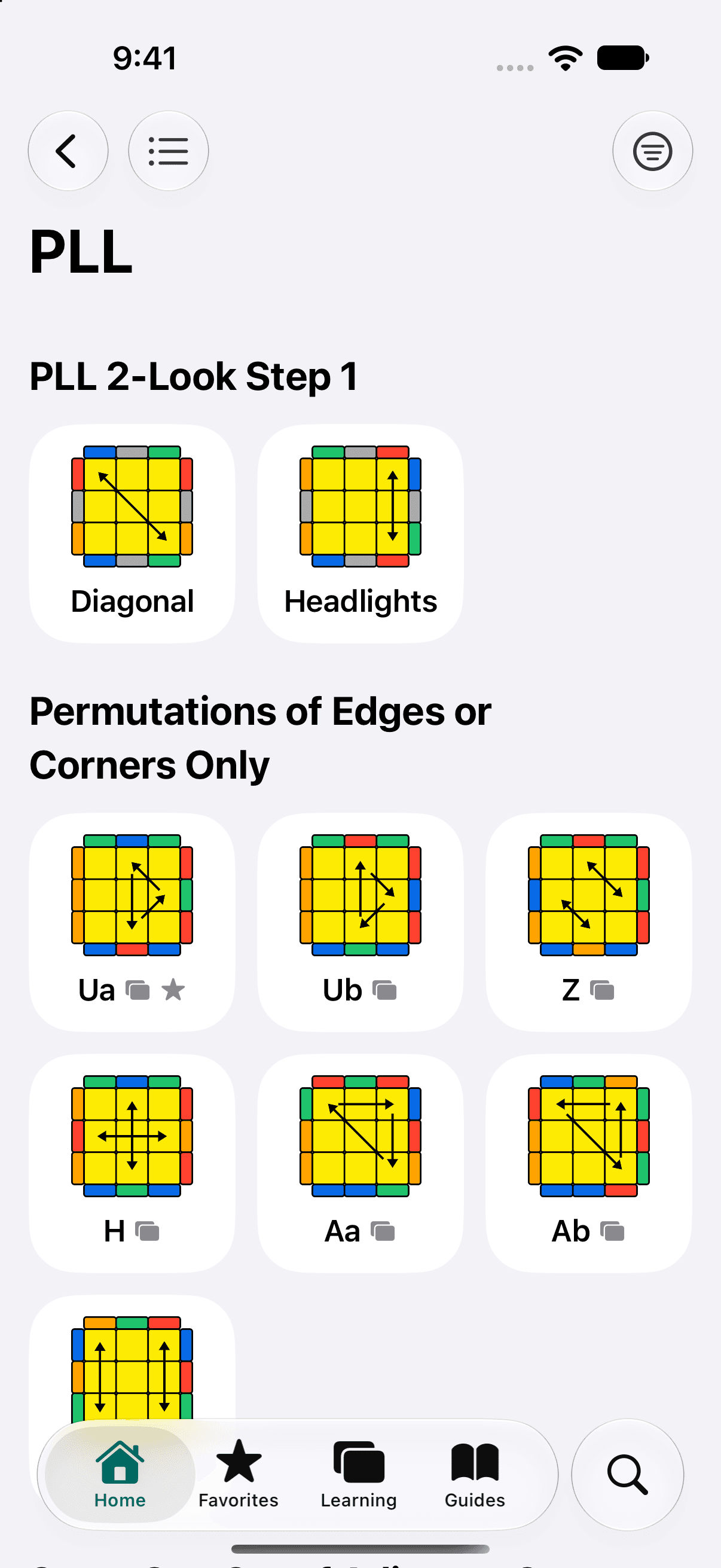 The PLL list on iPhone as a grid. Each case is a top-down diagram of the last layer with arrows between the pieces that trade places: PLL 2-Look Step 1 with Diagonal and Headlights, then Permutations of Edges or Corners Only with Ua, Ub, Z, H, Aa and Ab.