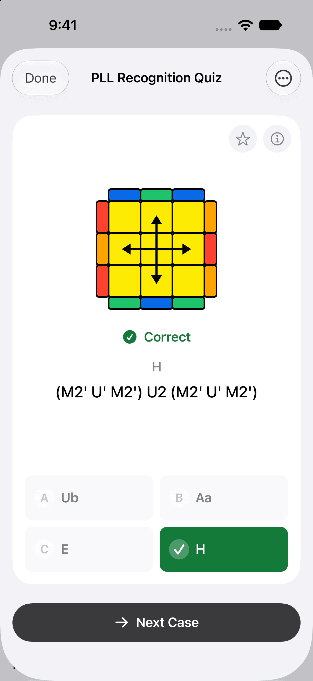 The PLL Recognition Quiz on iPhone after a correct answer: a PLL diagram with arrows, the word Correct, the case name H with its algorithm, (M2' U' M2') U2 (M2' U' M2'), and four options, Ub, Aa, E and H, with H marked in green above a Next Case button.