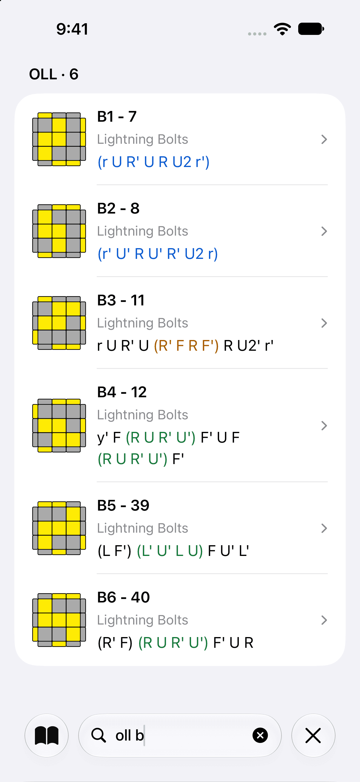 Search on iPhone for “oll b”: six OLL results, B1 - 7 to B6 - 40, each with its diagram, its group, Lightning Bolts, and its algorithm.