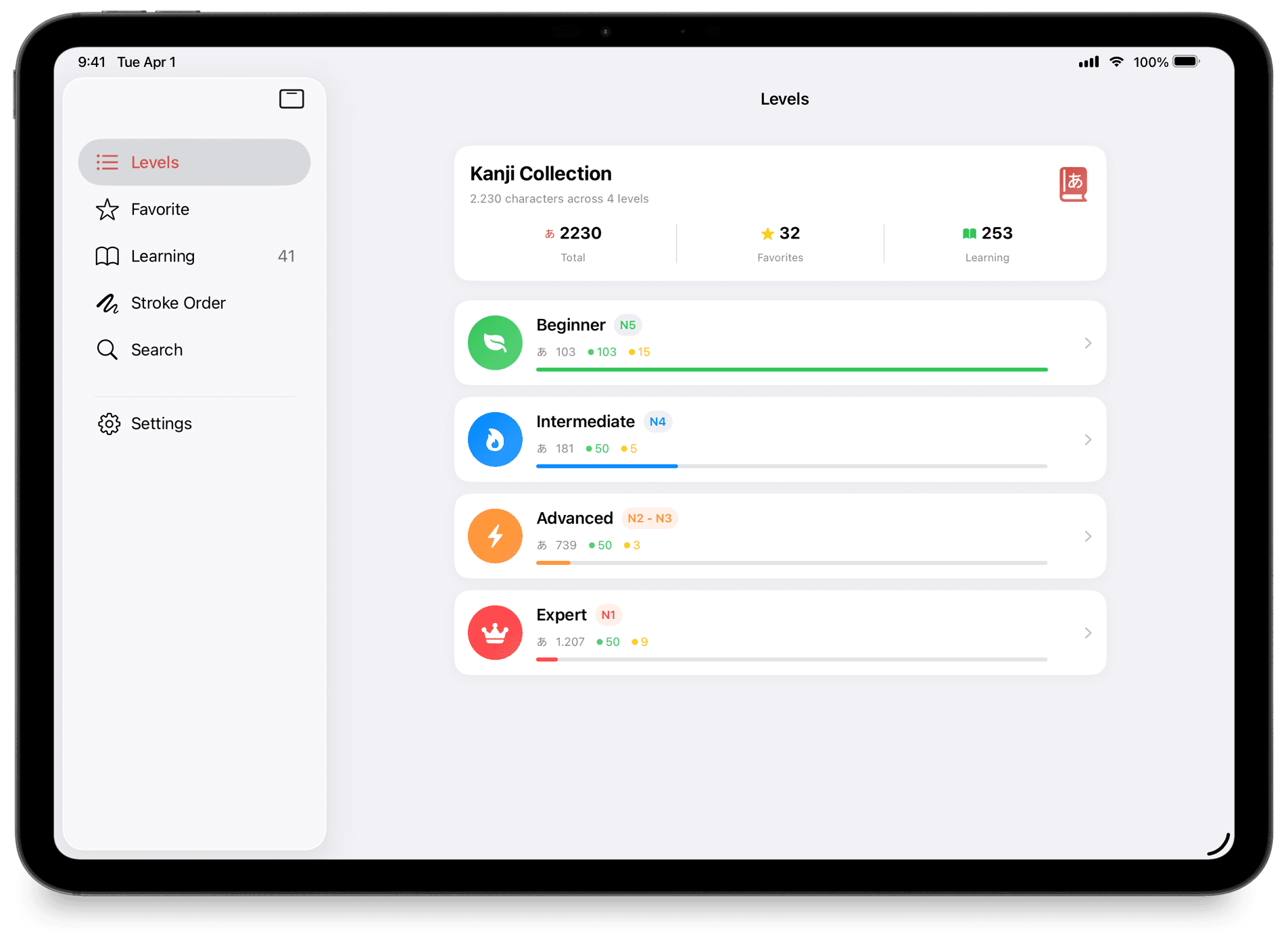 KanjiMate Levels screen on iPad with sidebar navigation