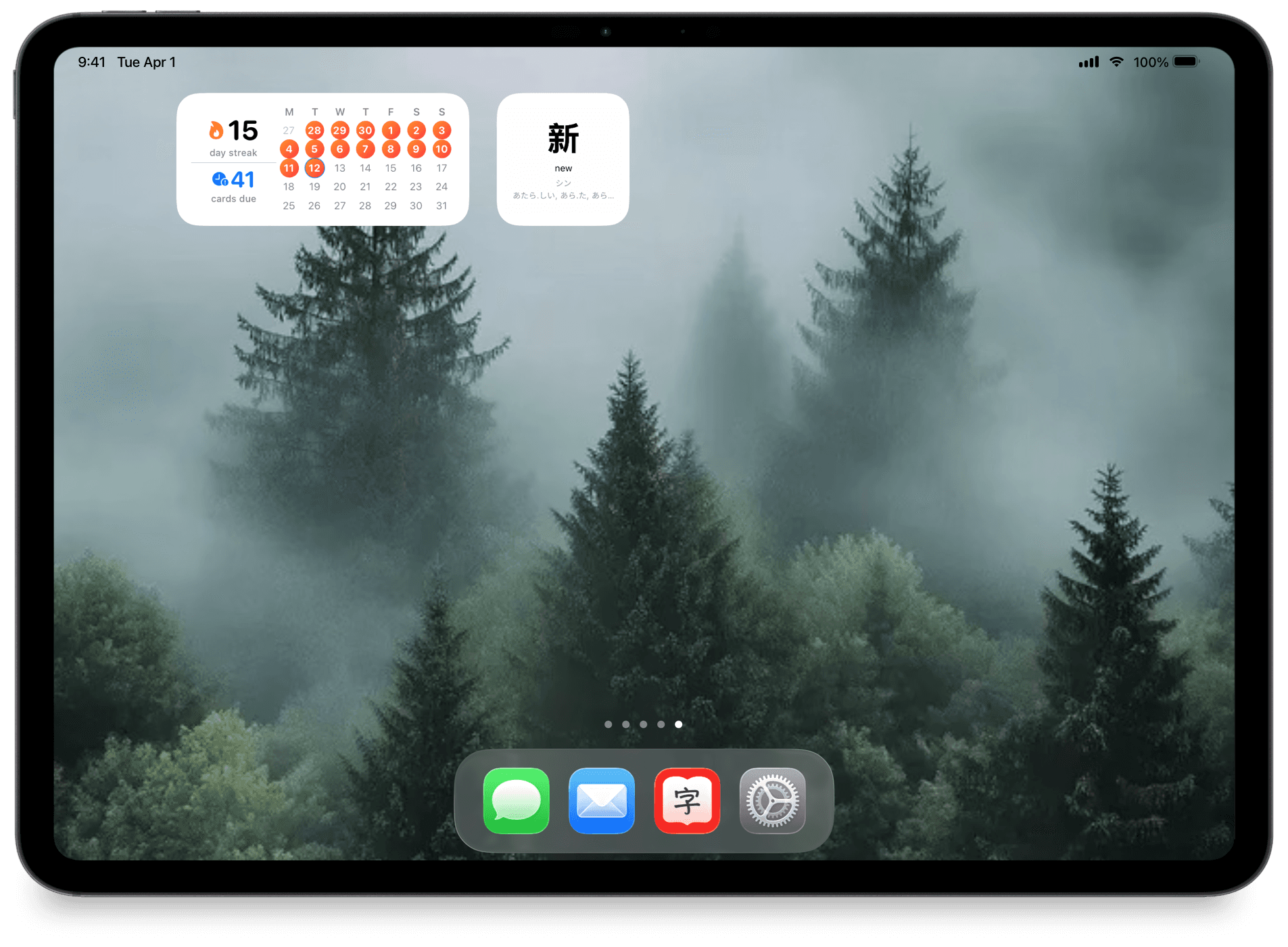 KanjiMate widgets on iPad Home Screen showing streak and daily kanji