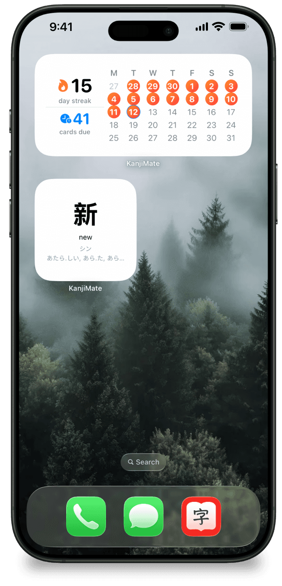 KanjiMate widgets on iPhone Home Screen showing streak and daily kanji