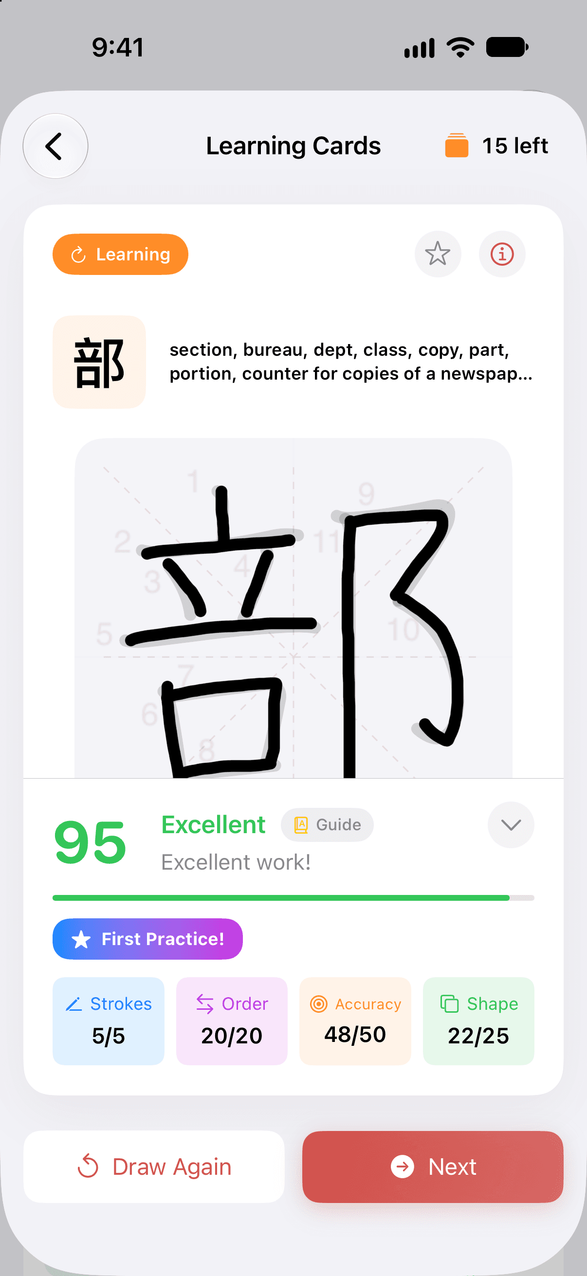 A Draw card on iPhone in a Learning Cards session with 15 cards left. The kanji 部, marked Learning, with the meanings section, bureau, dept, class, copy, part, portion, sits above the canvas, where 部 is written in black ink over the numbered gray guide. The score panel reads 95, Excellent, with a Guide chip, Excellent work! and First Practice!, and four scores: Strokes 5/5, Order 20/20, Accuracy 48/50 and Shape 22/25. Under it are the buttons Draw Again and Next.