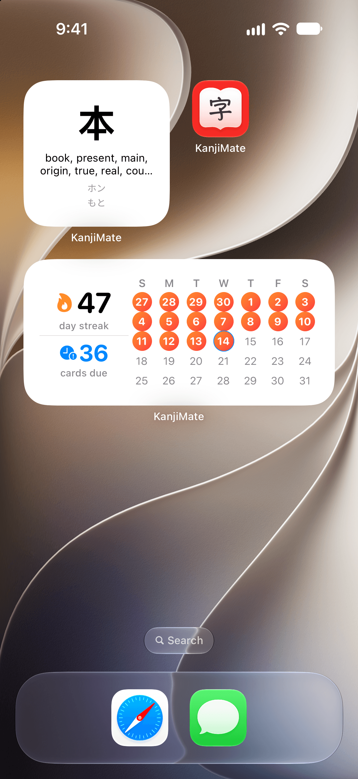 An iPhone Home Screen with two KanjiMate widgets beside the app icon. A small widget shows the kanji 本 with the meanings book, present, main, origin, true, real, and the readings ホン and もと. A medium Study Streak widget shows a 47 day streak and 36 cards due beside a calendar of October, with every day from September 27 to today, October 14, filled in.