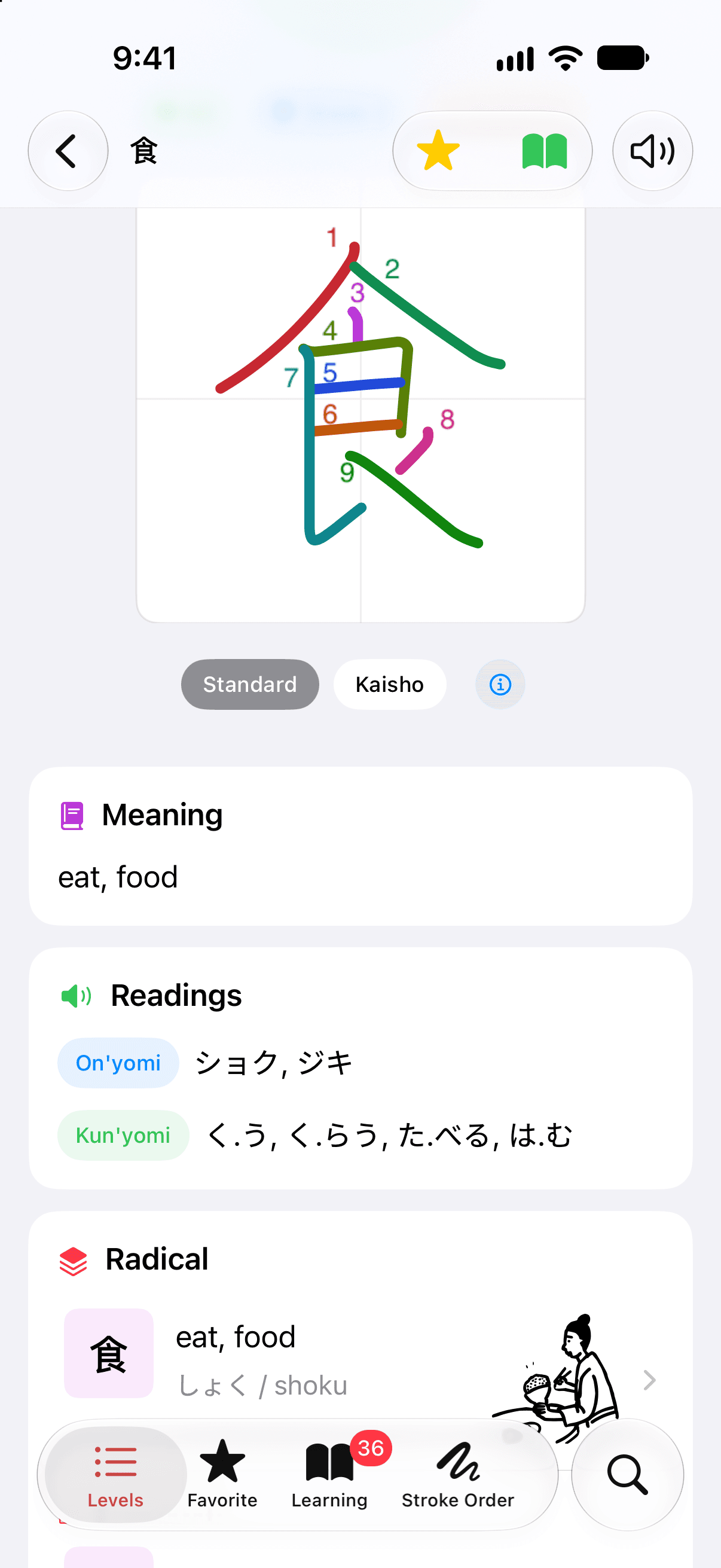 The entry for 食 on iPhone: a diagram of its nine strokes, numbered and colored, with the forms Standard and Kaisho under it; a Meaning card, eat, food; a Readings card with on'yomi ショク, ジキ and kun'yomi く.う, く.らう, た.べる, は.む; and the start of the Radical card.
