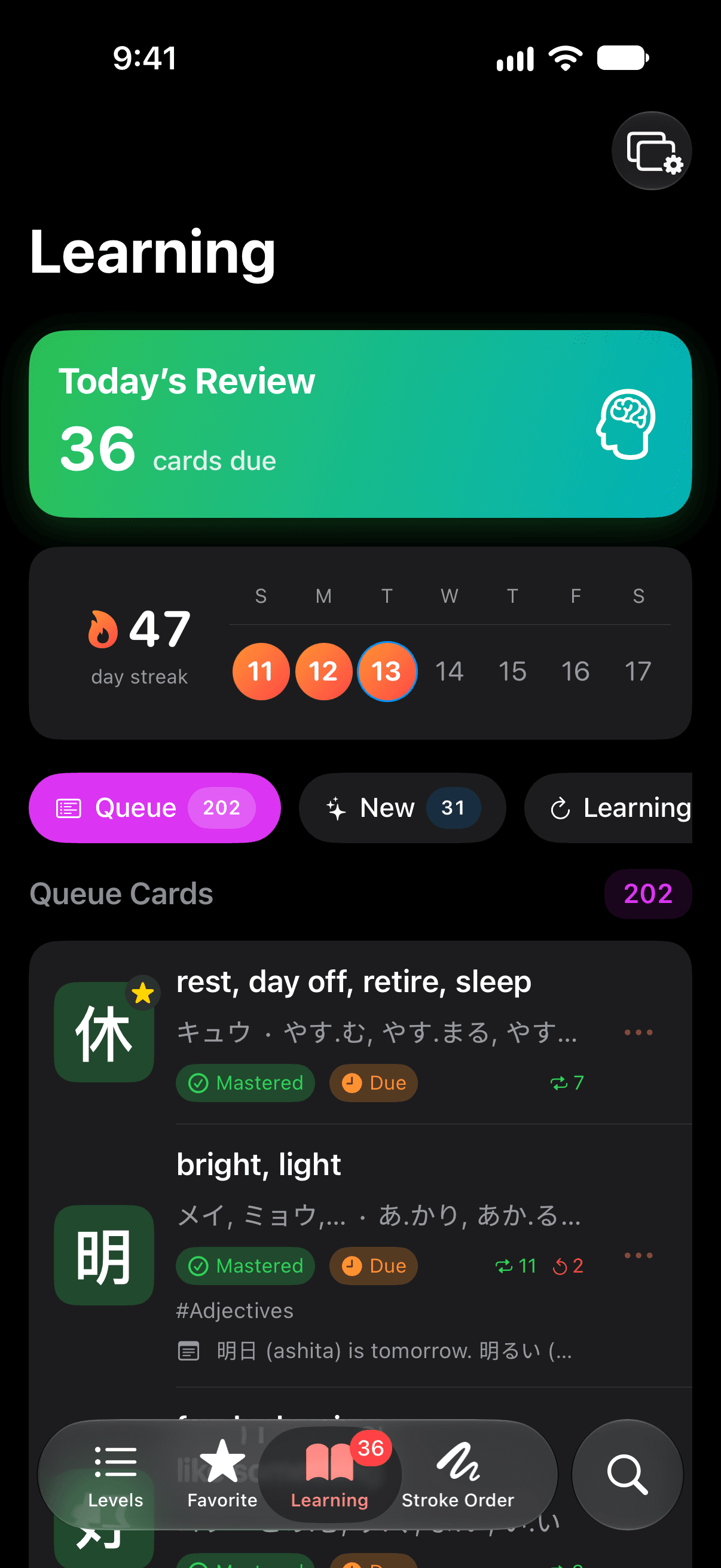 The Learning tab on iPhone in Dark appearance. A green card reads Today's Review, 36 cards due. Under it, a 47 day streak sits beside a week from Sunday to Saturday with three days filled. Filters read Queue 202, New 31 and Learning, and the queue starts with 休 and 明, both marked Mastered and Due.