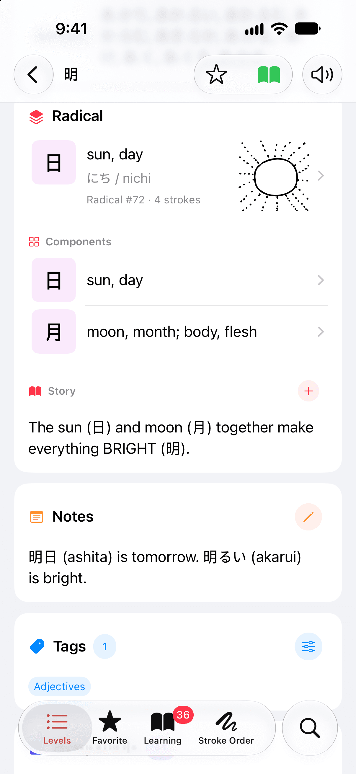The entry for 明 on iPhone, scrolled to its Radical card: the radical 日, sun, day, Radical #72 with 4 strokes and a small drawing of a sun; the components 日, sun, day, and 月, moon, month; and the story, The sun and moon together make everything BRIGHT. Below it, a Notes card reads 明日 (ashita) is tomorrow. 明るい (akarui) is bright, and a Tags card holds one tag, Adjectives.