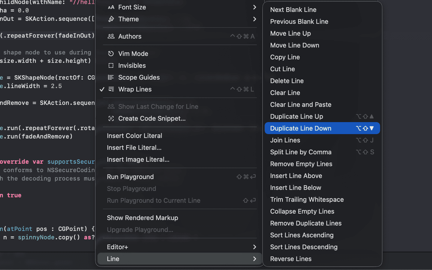 Xcode's Editor menu open on the Line submenu, listing all 22 LineSmith line commands over Swift code