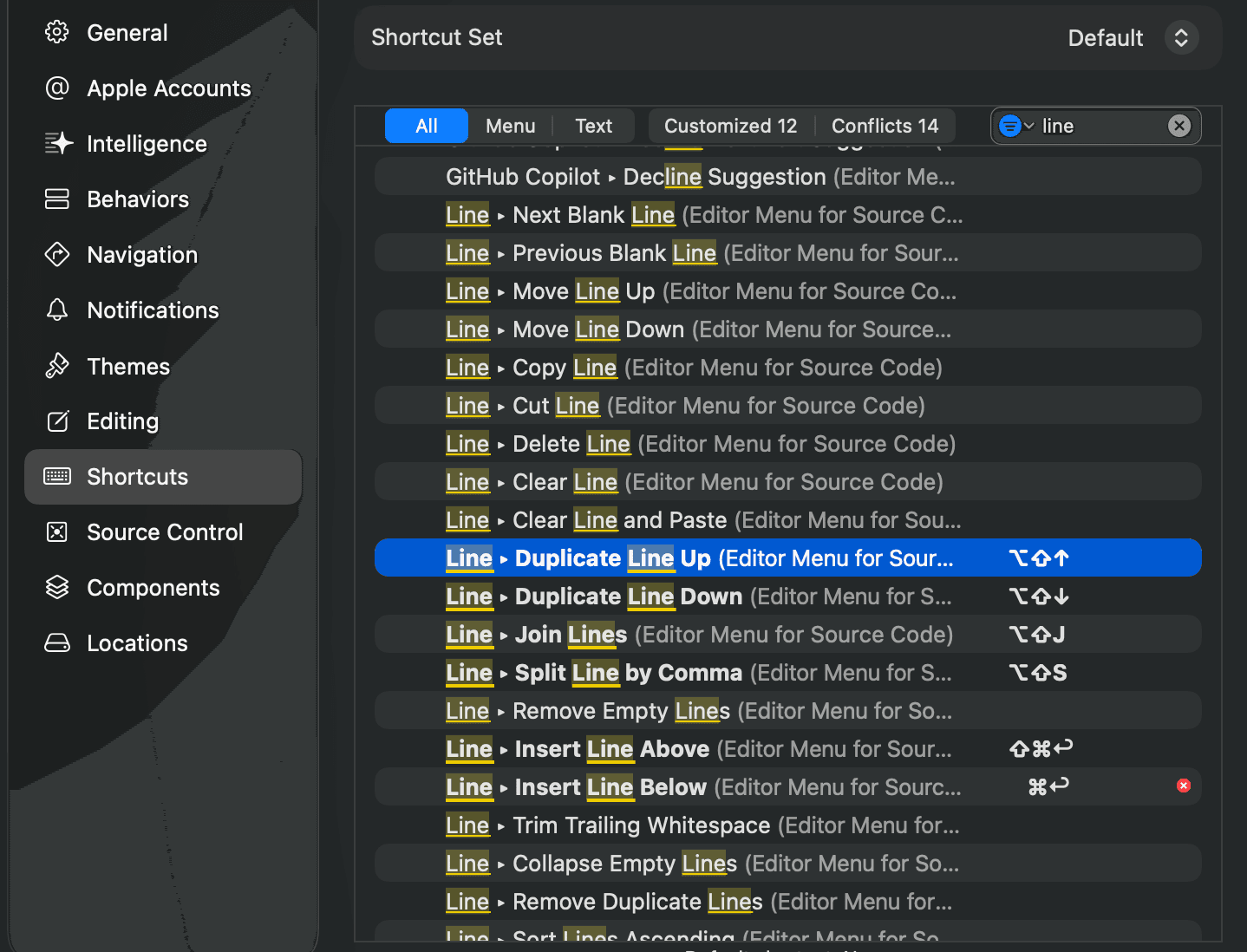 Xcode Settings on the Shortcuts pane, the list filtered to LineSmith's Line commands, with chords already assigned to Duplicate Line Up, Duplicate Line Down, Join Lines and Split Line by Comma
