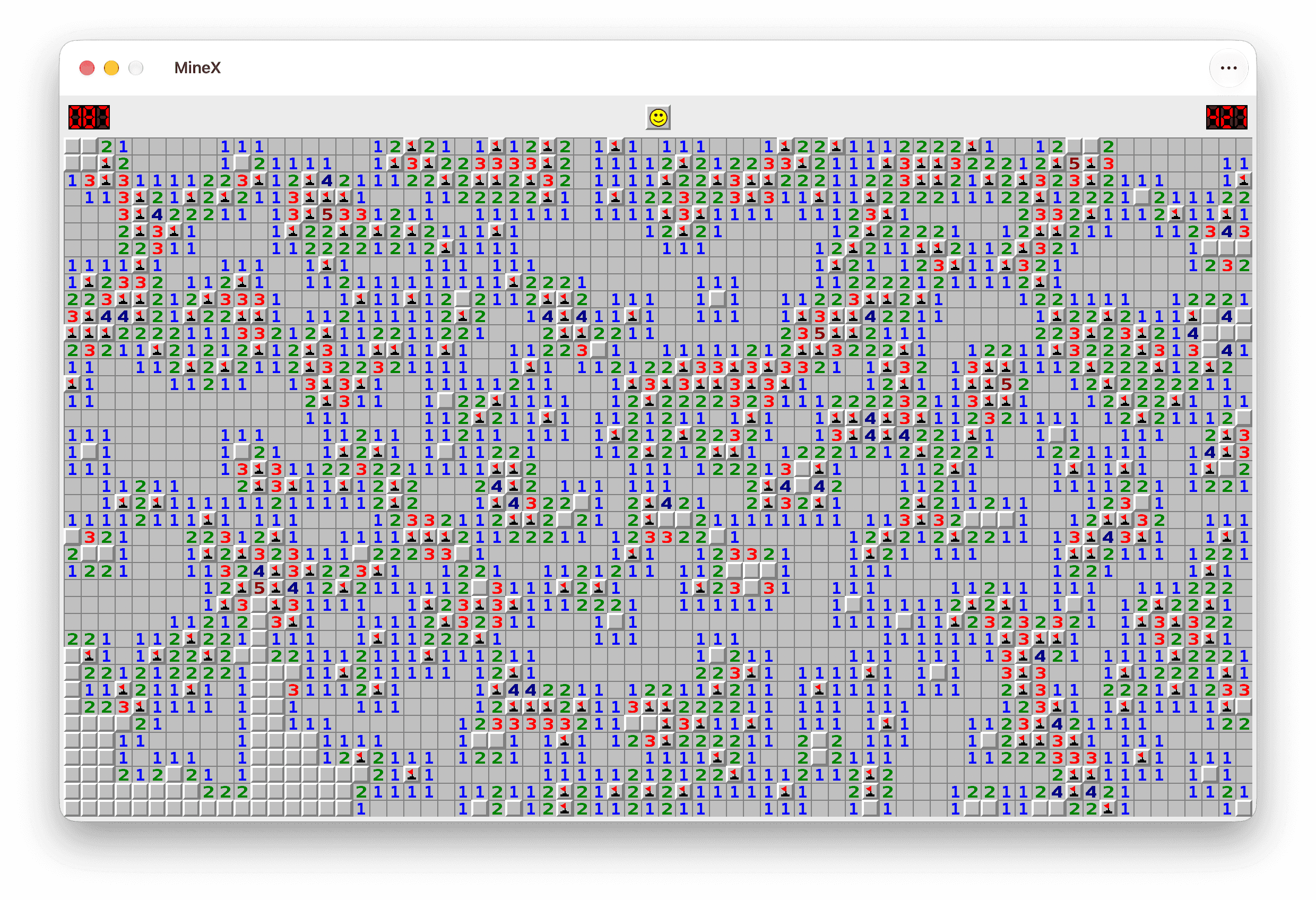A custom 70 by 40 board in MineX, far wider than Expert, part-way through a game with the mine counter reading 081 and the timer at 427