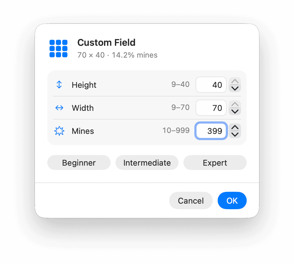 The MineX Custom Field sheet reading 70 by 40 at 14.2% mines, with height, width and mine fields set to 40, 70 and 399 against ranges of 9 to 40, 9 to 70 and 10 to 999, and Beginner, Intermediate and Expert preset buttons below