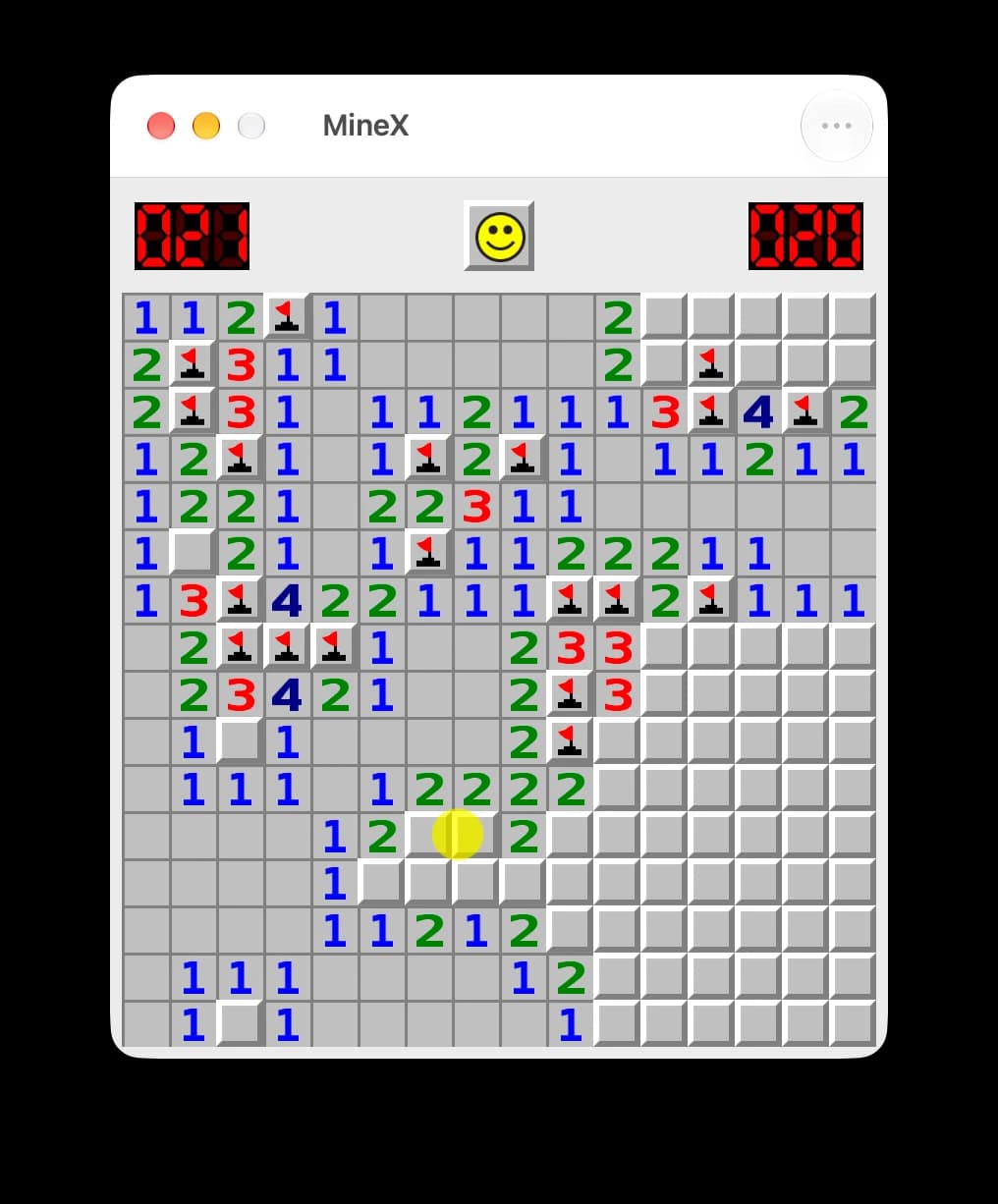 An Intermediate board part-way through a replay, numbers and flags filling back in while a yellow dot marks where the mouse was at that moment
