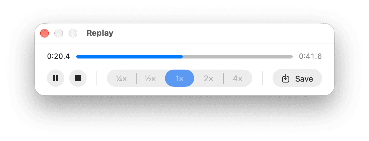 The MineX Replay window: elapsed time 0:20.4 against a total of 0:41.6, a progress bar, pause and stop buttons, speed buttons for a quarter, a half, 1x, 2x and 4x with 1x selected, and a Save button