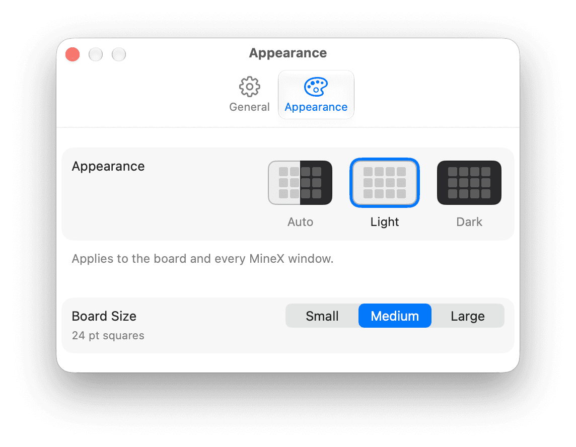 The MineX Settings window on the Appearance tab: an Appearance row offering Auto, Light and Dark as small board swatches with Light selected, a note that it applies to the board and every MineX window, and a Board Size row offering Small, Medium and Large with Medium selected at 24 pt squares