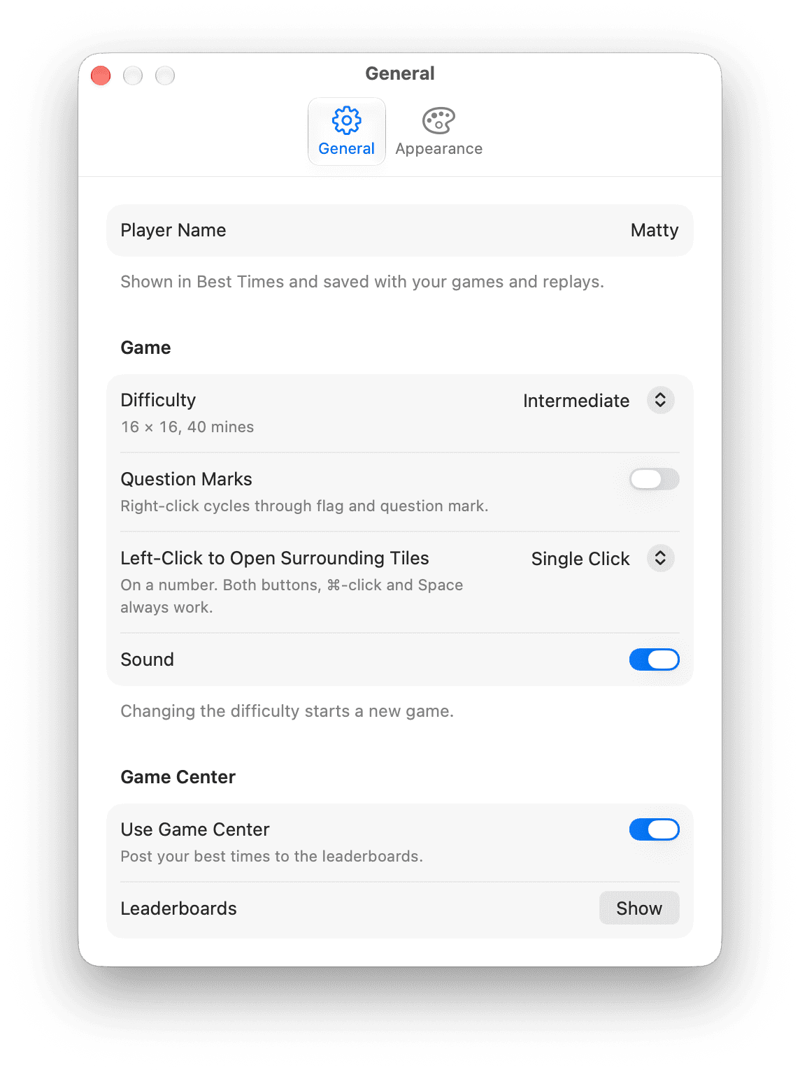 The MineX Settings window on the General tab: player name, difficulty set to Intermediate at 16 by 16 with 40 mines, a Question Marks switch, a Left-Click to Open Surrounding Tiles menu set to Single Click, a Sound switch, and a Game Center section with Use Game Center turned on and a Leaderboards button