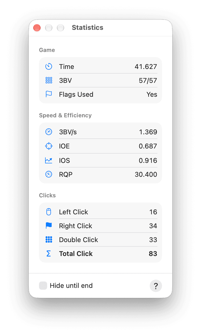The MineX Statistics window grouped into Game, Speed & Efficiency and Clicks: time 41.627, 3BV 57 of 57, flags used, 3BV/s 1.369, IOE 0.687, IOS 0.916, RQP 30.400, left, right and double clicks of 16, 34 and 33 against a total of 83, and a Hide until end switch