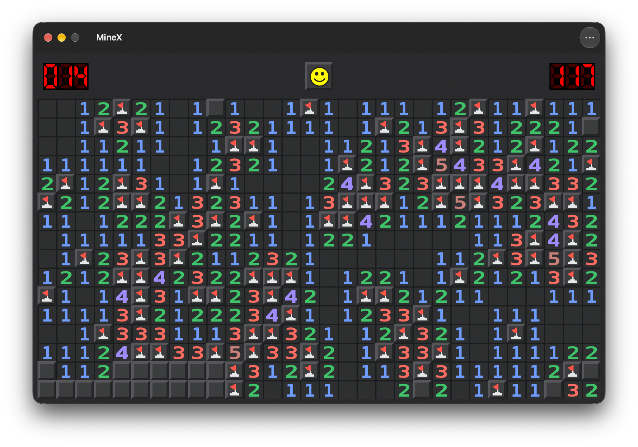 The same Expert board in the opposite appearance to the one this page is showing: the squares and window chrome change and the numbers lighten to hold their contrast — 1 stays blue, 2 green, 3 red, 4 navy turning lavender, 5 maroon turning brick — while the red LED displays stay exactly as they are