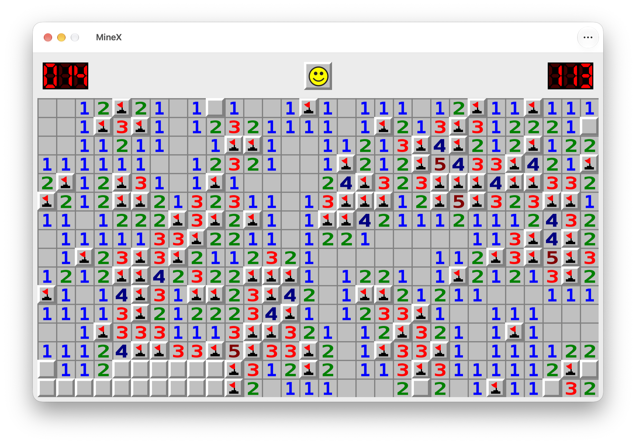 MineX on macOS: an Expert board part-way through, with the classic squares, red LED mine counter and timer, the yellow smiley reset button, red flags, and the original numbering — 1 blue, 2 green, 3 red, 4 navy, 5 maroon — lightened to the same hues on a dark board